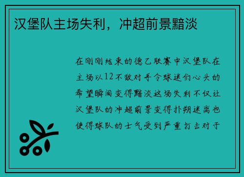 汉堡队主场失利，冲超前景黯淡