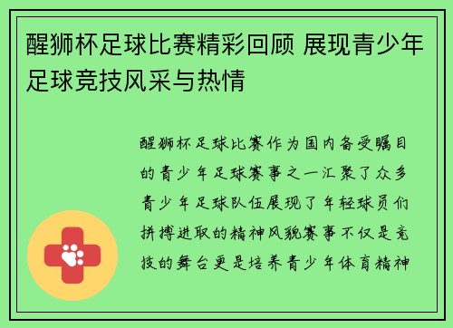 醒狮杯足球比赛精彩回顾 展现青少年足球竞技风采与热情