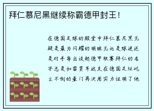 拜仁慕尼黑继续称霸德甲封王！