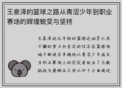 王泉泽的篮球之路从青涩少年到职业赛场的辉煌蜕变与坚持