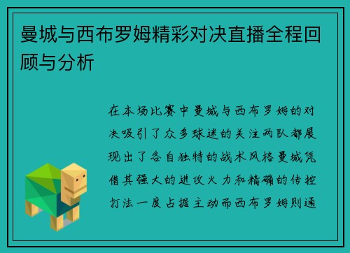 曼城与西布罗姆精彩对决直播全程回顾与分析
