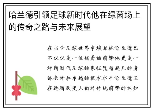 哈兰德引领足球新时代他在绿茵场上的传奇之路与未来展望
